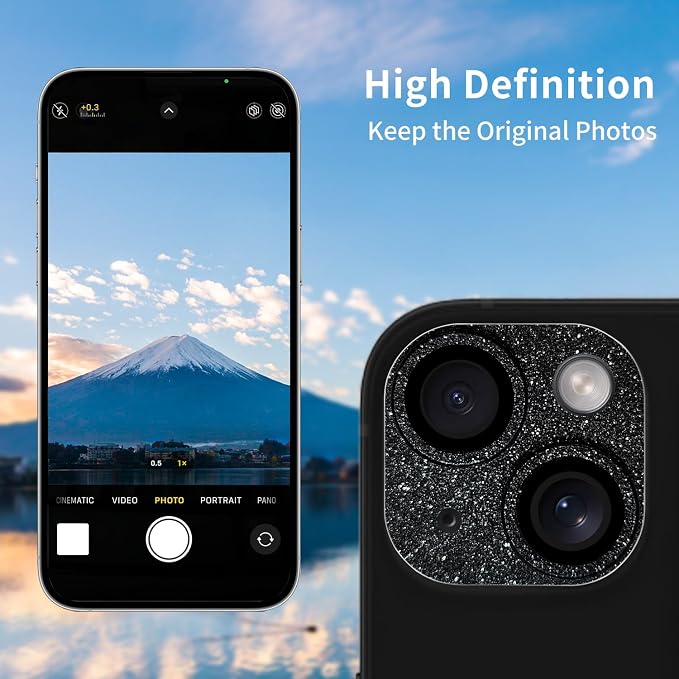 Compatible with iPhone 14 and iPhone 14 Plus Camera Lens Protector, Bling Glitter 9H Tempered Glass Camera Cover Anti Scratch Shockproof Lens Screen Full Protective Cover -Black