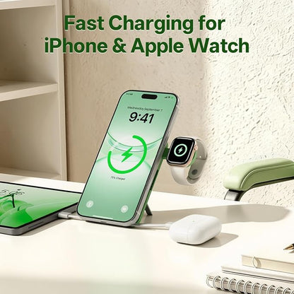 Q Magnetic Wireless Portable Charger 10,000mAh, Travel Essentials Power Bank with Built-in Cables & Foldable Stand, External Battery Pack Compatible with iPhone 17/16/15/14/13/12, Apple Watch