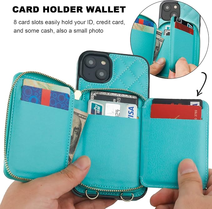 Bocasal Crossbody Wallet Case for iPhone 14 Plus, RFID Blocking PU Leather Zipper Handbag Purse Flip Cover, Kickstand Folio Case with Card Slots Holder Wrist Strap Lanyard 5G 6.7 Inch (Mint Green)