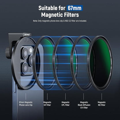 NEEWER 67mm Variable ND Filter with Cold Shoe Phone Lens Clip, HD Clip On Magnetic ND2-32 Filter Compatible with iPhone 17 Pro Max 16 15 14 Android Samsung Galaxy S24 S25 Ultra