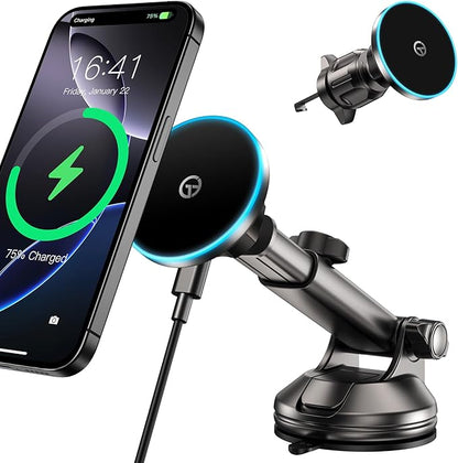 for Mag-Safe Car Mount Charger Dash Vent Windshield Wireless Car Charger with LED Light, Strong Magnetic Phone Holder for Car for iPhone 17 16 15 14 13 12 Series(Cyan)