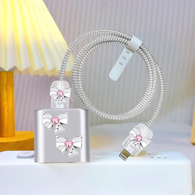 CameCosy Silver Phone Charger Storage Case Cover Sets for iPhone with Cable Protector Earphone Wire Saver, Portable Travel Storage Bag, Cute Cable Charger Protector Cord Organizer (Diamond Bow Tie)