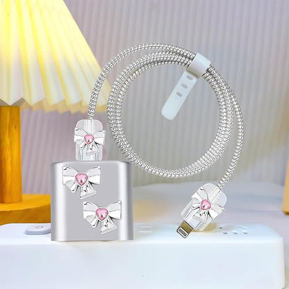 CameCosy Silver Phone Charger Storage Case Cover Sets for iPhone with Cable Protector Earphone Wire Saver, Portable Travel Storage Bag, Cute Cable Charger Protector Cord Organizer (Diamond Bow Tie)