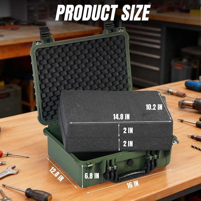 Jack Boss 16x 12.8x 6.8 Inch Hard Case, Portable Weather Waterproof Protective Camera Case with Customizable Foam, Fit Use of Drones, Camera, Equipments, Green