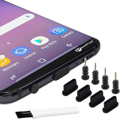 PortPlugs USB-C Dust Plugs for Galaxy S10/S9/S8, A72, A52, M51 & Other USB-C Devices with Headphone Jacks – Anti-Dust Covers with SIM Tool & Cleaning Brush | Black (5-Pairs)