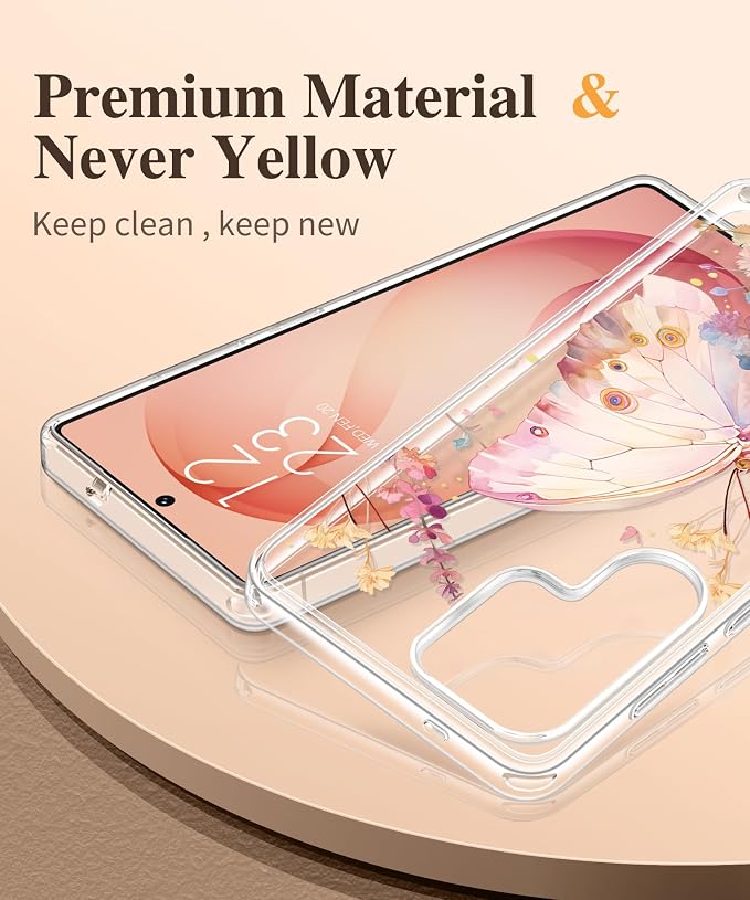 GVIEWIN for Samsung Galaxy S26 Ultra Case, Clear Floral Slim Shockproof Protective Women Phone Case, Non-Yellowing, with Screen Protector & Camera Lens Protector for S26 Ultra 6.9", Magic Butterfly
