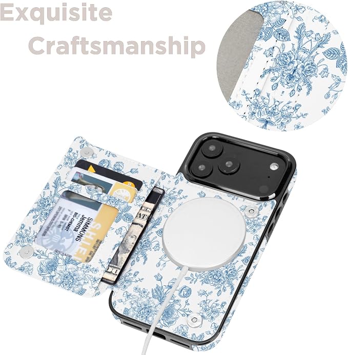 uCOLOR for iPhone 17 Pro Max 6.9" Wallet Case Magsafe with Card Holder Slot【Compatible with MagSafe】 Double Magnetic RFID Design with Camera Lens Protector (Blue Floral, iPhone 17 Pro Max)