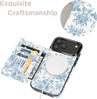 uCOLOR for iPhone 17 Pro Max 6.9" Wallet Case Magsafe with Card Holder Slot【Compatible with MagSafe】 Double Magnetic RFID Design with Camera Lens Protector (Blue Floral, iPhone 17 Pro Max)