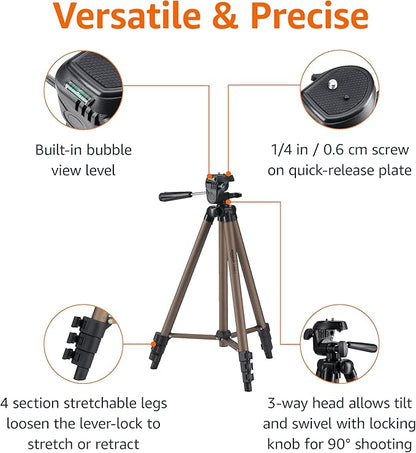 Amazon Basics 50-inch Lightweight Portable Camera Tripod Stand with Quick-Release Plate, Adjustable Height, Aluminum, for Travel Photography, Champagne