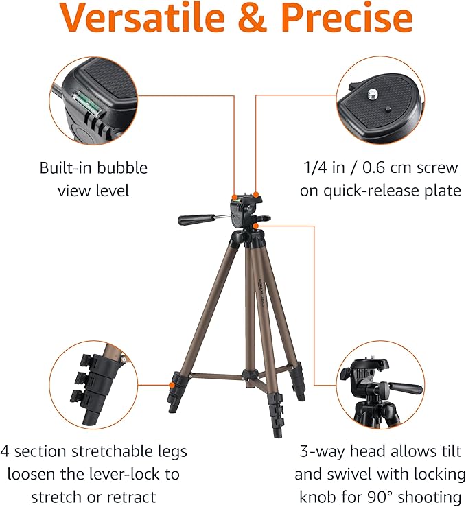 Amazon Basics 50-inch Lightweight Portable Camera Tripod Stand with Quick-Release Plate,Adjustable Height,Aluminum,for Travel Photography,Champagne,(Pack of 10)