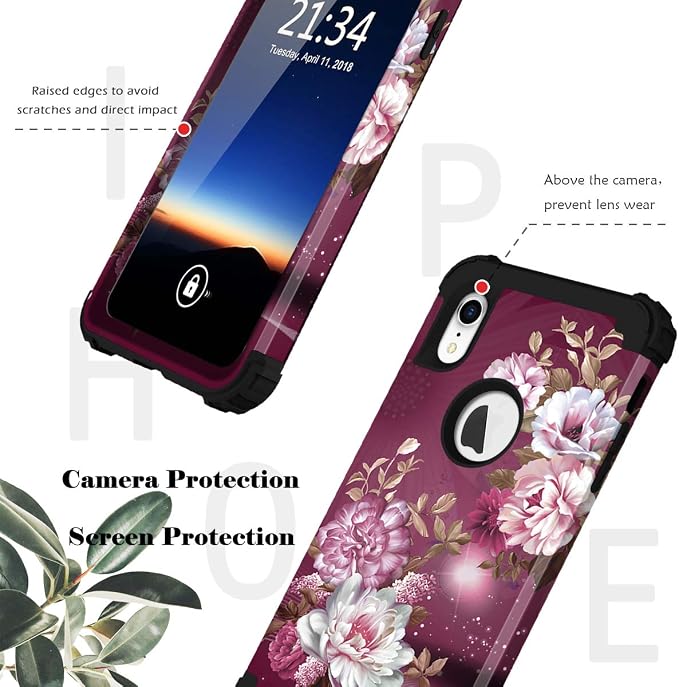 Hocase for iPhone XR Case, Heavy Duty Shockproof Protection Soft Silicone Rubber+Hard Plastic Bumper Hybrid Dual Layer Protective Case for iPhone XR (6.1-inch) 2018 - Royal Purple Flowers