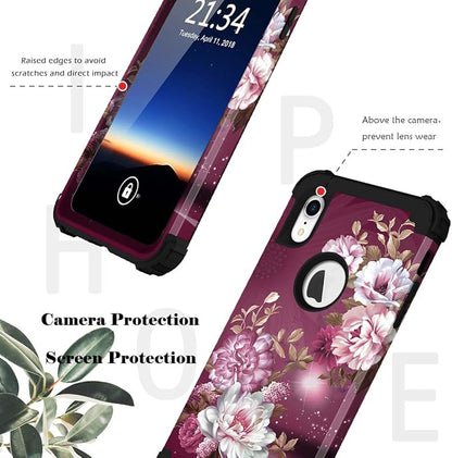 Hocase for iPhone XR Case, Heavy Duty Shockproof Protection Soft Silicone Rubber+Hard Plastic Bumper Hybrid Dual Layer Protective Case for iPhone XR (6.1-inch) 2018 - Royal Purple Flowers
