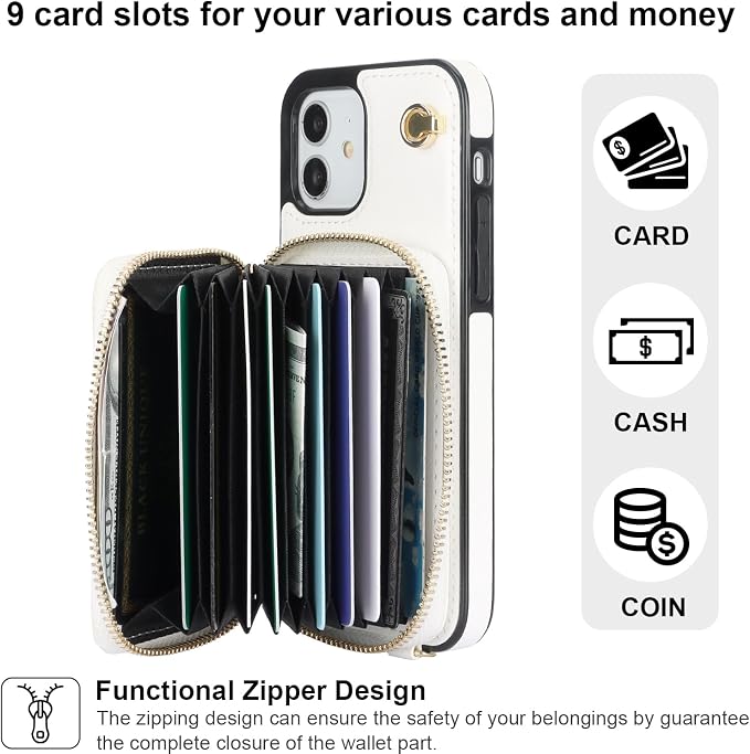 Bocasal Crossbody Wallet Case for iPhone 12/12 Pro, RFID Blocking Leather Purse Case with Card Holder, Protective Handbag Flip Cover with Zipper Wrist Strap Lanyard for Women 5G 6.1 Inch (White)