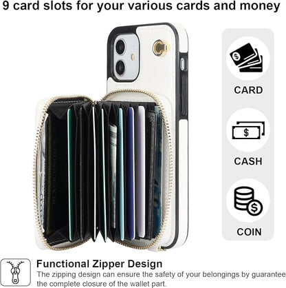 Bocasal Crossbody Wallet Case for iPhone 12/12 Pro, RFID Blocking Leather Purse Case with Card Holder, Protective Handbag Flip Cover with Zipper Wrist Strap Lanyard for Women 5G 6.1 Inch (White)