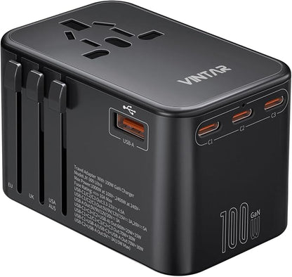 Universal Travel Adapter, VINTAR 100W GaN International Power Adapter with 3 USB-C PD Fast Charging and 1 USB-A QC, All-in-one Outlet Converter Charger for Europe UK USA AUS(Type C/G/A/I)