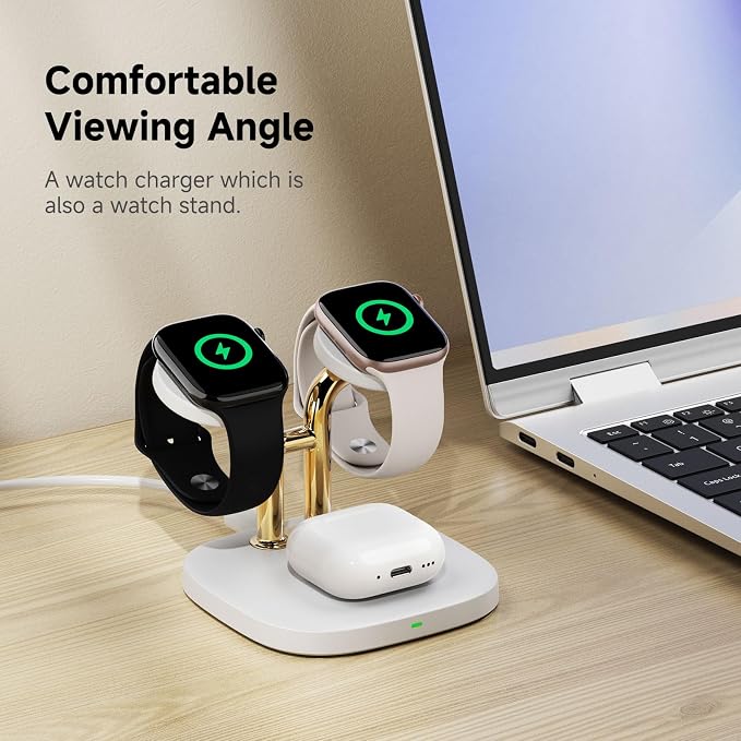 Dual Watch Charger with Fast Charging for Apple Watch, SwanScout 704A, 3-in-1 Wireless Charging Station Stand for Apple Watch Ultra 3/11/10, Wireless Charger Dock for AirPods Pro 3/4/3 (White & Gold)