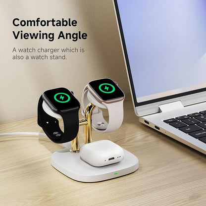 Dual Watch Charger with Fast Charging for Apple Watch, SwanScout 704A, 3-in-1 Wireless Charging Station Stand for Apple Watch Ultra 3/11/10, Wireless Charger Dock for AirPods Pro 3/4/3 (White & Gold)