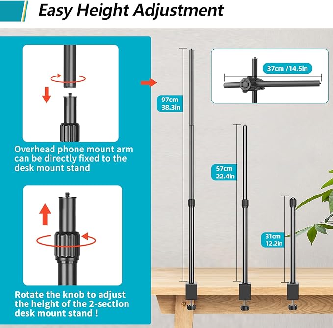 Camera Desk Mount Webcam Stand with Overhead Articulating Magic Boom Arm 1/4" Ball Head for DSLR Tripod, Adjustable Light Stand, Tabletop C Clamp for Ring Light Photo Video Shooting Live Streaming