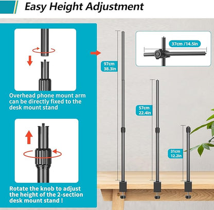 Camera Desk Mount Webcam Stand with Overhead Articulating Magic Boom Arm 1/4" Ball Head for DSLR Tripod, Adjustable Light Stand, Tabletop C Clamp for Ring Light Photo Video Shooting Live Streaming