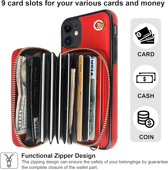 Bocasal Crossbody Wallet Case for iPhone 11, RFID Blocking Leather Purse Case with Card Holder, Protective Handbag Flip Cover with Zipper Wrist Strap Lanyard for Women 6.1 Inch (Red)