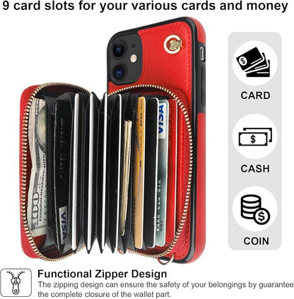 Bocasal Crossbody Wallet Case for iPhone 11, RFID Blocking Leather Purse Case with Card Holder, Protective Handbag Flip Cover with Zipper Wrist Strap Lanyard for Women 6.1 Inch (Red)