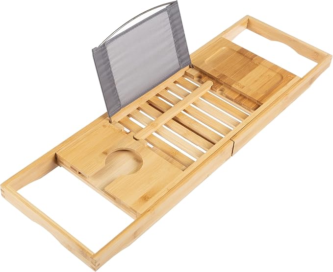 Bamboo Bathtub Tray - Wood Bath Caddy with Book, Phone, or Tablet Rest, Cup Holder, and Extended Sides for Bath Accessories by Lavish Home (Natural)