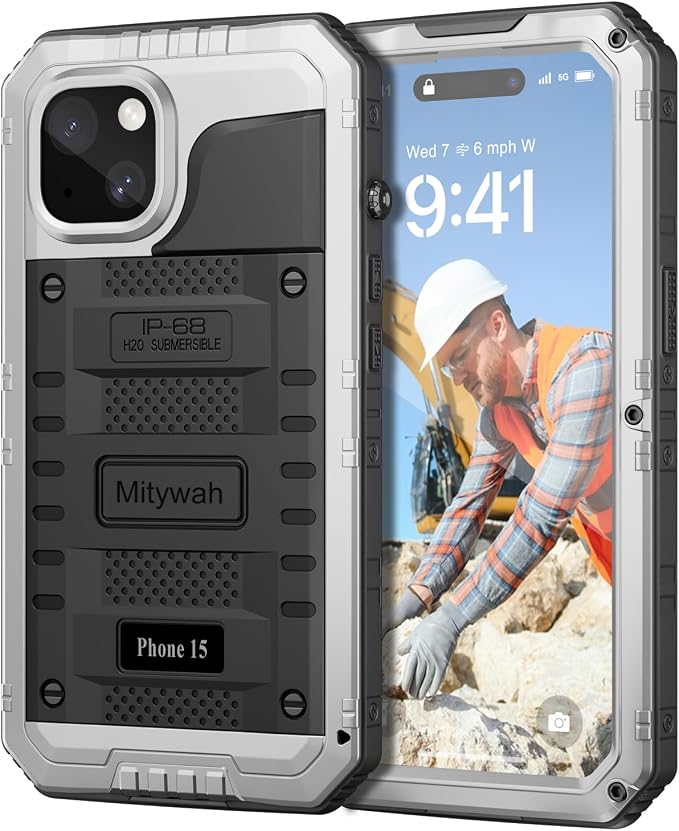 Mitywah Waterproof Case for iPhone 15, Heavy Duty Shockproof Case with Built-in Screen Protector, Full Body Underwater Protective Metal Case 6.1 inch, Silver