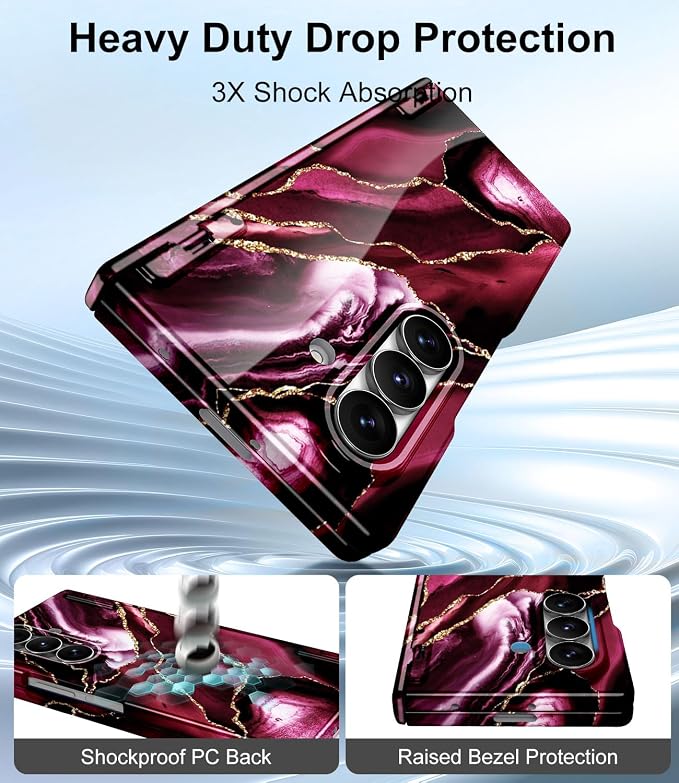 Btscase for Samsung Galaxy Z Fold 7 Case,Built in Front Screen Protector,Gold Glitter Marble Pattern Hard PC Slim Shockproof Full Body Drop Protective Case for Galaxy Z Fold 7 5G, Wine Red