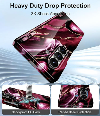 Btscase for Samsung Galaxy Z Fold 7 Case,Built in Front Screen Protector,Gold Glitter Marble Pattern Hard PC Slim Shockproof Full Body Drop Protective Case for Galaxy Z Fold 7 5G, Wine Red