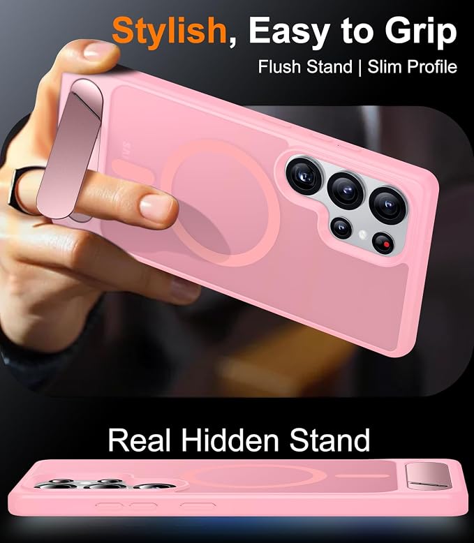 Magnetic for Samsung Galaxy S25 Ultra Case, [Innovate Stand][Military Grade Drop Protection][Non Slip][Translucent Matte] Shockproof Phone Case for Galaxy S25 Ultra 6.9" 2025 -Pink