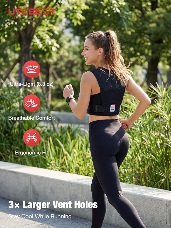 UTOBEST Running Vest for Women Men, Lightweight Running Hydration Vest Fits 500ml Soft Flask, Dual-Stage Adjustment with No Bounce, Waterproof Pocket Fits All Phones