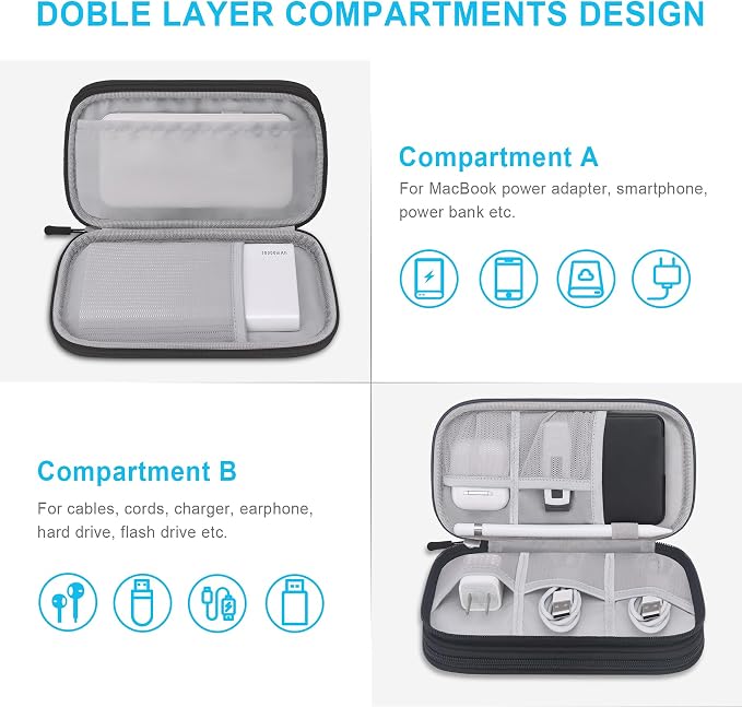 Lacdo Electronic Organizer, Travel Cable Organizer Bag Pouch Tech Electronic Accessories Carry Case Portable Double Layers Charger Case for Cable, Cords, Charger, Phone, Power Bank, Earphone, Black