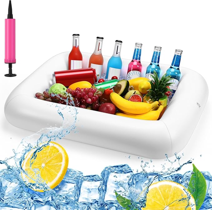 FillTouch Rectangular Inflatable Serving Bar Floating Drink Holder for Pool Inflatable Cup Holders Hot Tub Accessories, Adults Swimming Fun Drink Floats for Swimming Pool Party(White)