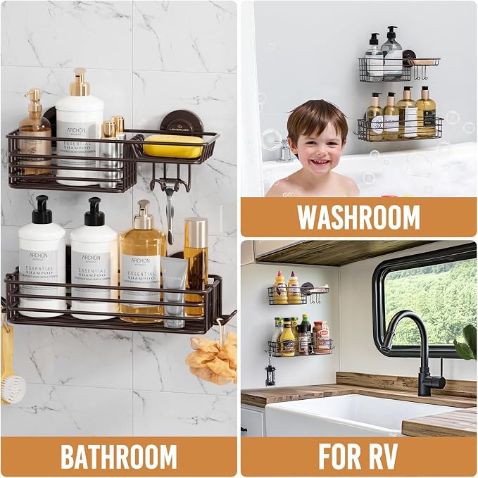 LEVERLOC Shower Caddy Suction Cup, 2 Pack Shelves for Inside with Hooks and Soap Organizer, NO-Drilling Bathroom Holder, Rustproof Meatl Bathroom Basket, Brown