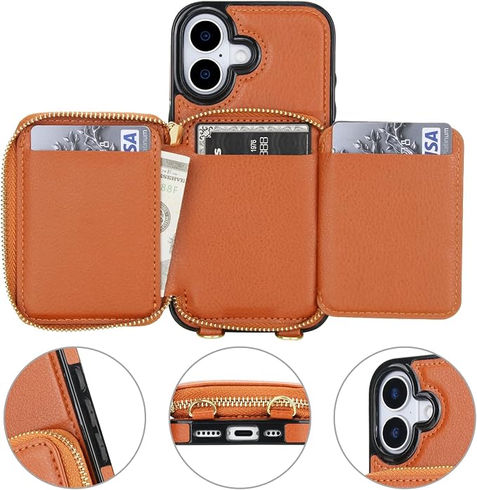 Bocasal RFID Blocking Wallet Case for iPhone 17, Adjustable Crossbody Zipper Purse Case Card Holder with Kickstand Detachable Wrist Strap, PU Leather Flip Folio Case 6.3 Inch 5G (Brown)