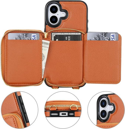 Bocasal RFID Blocking Wallet Case for iPhone 17, Adjustable Crossbody Zipper Purse Case Card Holder with Kickstand Detachable Wrist Strap, PU Leather Flip Folio Case 6.3 Inch 5G (Brown)