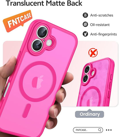 FNTCASE for iPhone 16 Plus Case: [Compatible with Magsafe] Translucent Matte Cases with [Full Camera Protection] [Screen Protector] Military Grade Shockproof Protective Phone Cover - Hot Pink