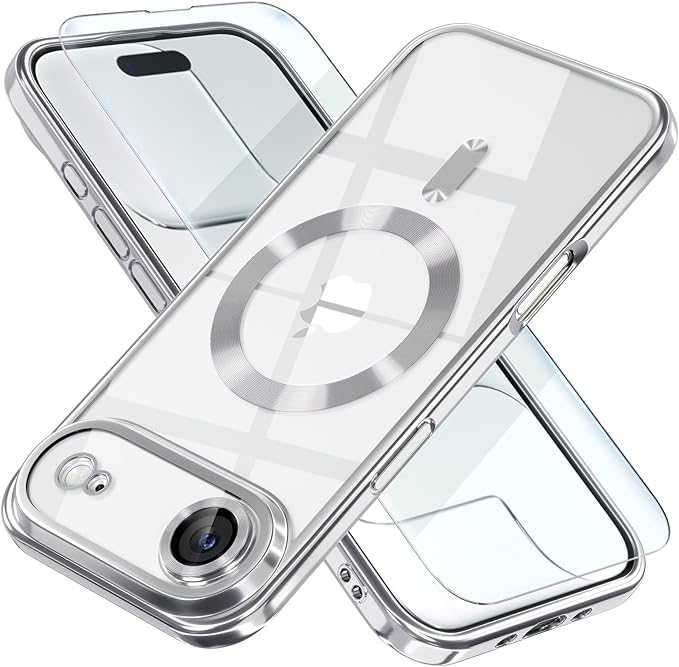 Misea Magnetic for iPhone 17 Air Case Compatible with MagSafe [Never Yellowing] [Military Grade Drop Protection] Full Camera Lens Protector Plating Soft Clear Phone Case for Women, Silver