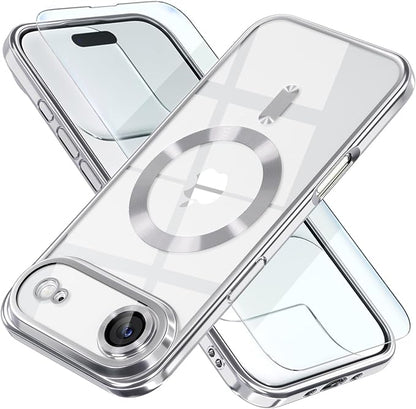 Misea Magnetic for iPhone 17 Air Case Compatible with MagSafe [Never Yellowing] [Military Grade Drop Protection] Full Camera Lens Protector Plating Soft Clear Phone Case for Women, Silver