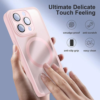 ROYBENS for iPhone 15 Matte Clear Case Compatible with Magsafe, Full Camera Lens Protection, Screen Protector, Wrist Strap, Translucent Magnetic Slim Hard Protective Phone Cover,6.1-Inch, Pink