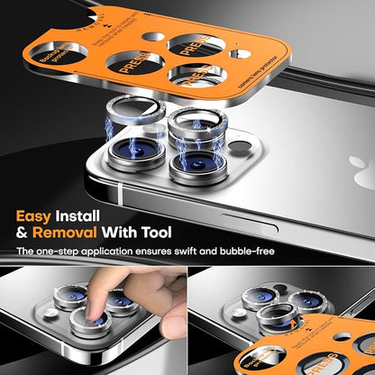Camera Lens Protector for iPhone 17 Pro Max/17 Pro/16 Pro Max/16 Pro/15 Pro Max/15 Pro/14 Pro Max/14 Pro,Tempered Glass Metal Individual Camera Cover[Anti-drop] Case Friendly- Glitter Silver
