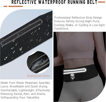 Skull Running Belt Waist Fanny Pack Phone Holder for Women, Waterproof Reflective Running Pack for Men Black Skull Jogging Pouch Adjustable,Horror Grim Reaper Wallet Holder for Hiking Cycling Workout