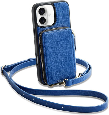 ZVE for iPhone 17 Wallet Case with Card Holder, Crossbody Zipper Leather Phone Cover with Wrist Strap 6.3" Navy Blue