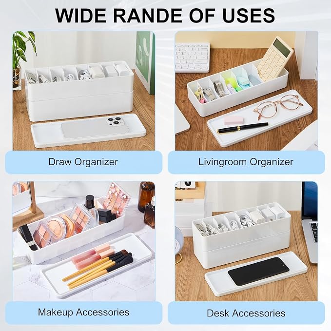 Tatuo 4 Pcs Cord Organizer for Drawer Desktop, Cable Organizer Box with 8 Compartments and Wire Ties, Plastic Charger Storage with Lid, Electronics Case for Home Office Accessories (Small,White)