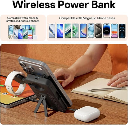 Q Magnetic Wireless Portable Charger 10,000mAh, Travel Essentials Power Bank with Built-in Cables & Foldable Stand, External Battery Pack Compatible with iPhone 17/16/15/14/13/12, Apple Watch