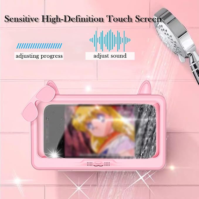 Shower Phone Holder Waterproof, Anti-Fog Touch Screen Shower Phone Case, 480 Rotation Wall Phone Mount Stand for Bathroom Batheub Kitchen Wall Mirror, Compatible with 4.7"-6.8" Phones (Pink)