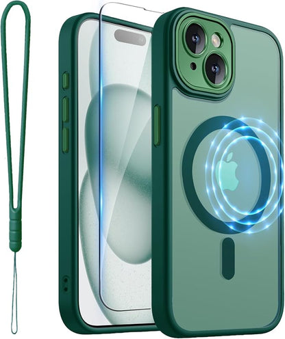 ROYBENS for iPhone 15 Matte Clear Case Compatible with Magsafe, Full Camera Lens Protection, Screen Protector, Wrist Strap, Translucent Magnetic Slim Hard Protective Phone Cover,6.1-Inch, Green