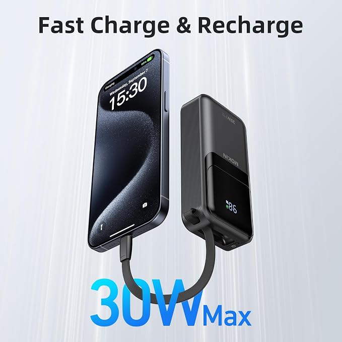 MOKiN Portable Charger, 10000mAh 30W Power Bank Fast Charging, Phone Battery Pack with Built in Cable, 4 Outputs, Travel Compact Powerbank USB C for iPhone iPad Pro MacBook Air Samsung