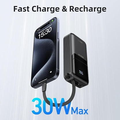 MOKiN Portable Charger, 10000mAh 30W Power Bank Fast Charging, Phone Battery Pack with Built in Cable, 4 Outputs, Travel Compact Powerbank USB C for iPhone iPad Pro MacBook Air Samsung