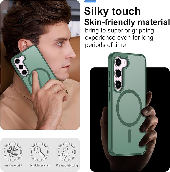 Pilaru for Samsung Galaxy S23 Case [Compatible with Magsafe] Translucent Matte Magnetic Phone Case,Slim Thin Duty Shockproof Protection Cover with 2pc Screen Protector Case for S 23-Dark Green